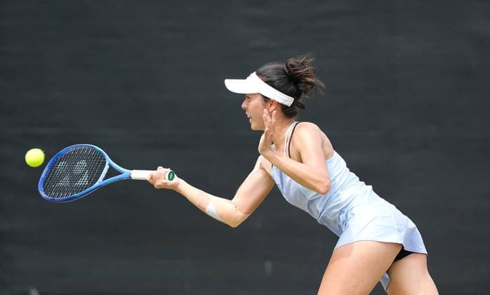 21st June 2025; Lexus Nottingham Tennis Centre, Nottingham, England; Lexus Nottingham Open, Day 6; Ena Shibahara plays a forehand shot to Shuai Zhang in their doubles semi final match  ActionPlus12803450 PaulxBonser
