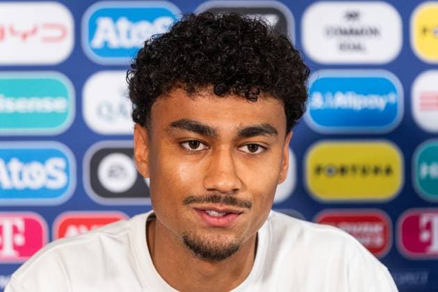 GERMANY U21, U 21 press conference, PK, Pressekonferenz EURO 2025 Player of Germany Nathaniel Brown during the press conference ahead of UEFA European Under-21 Championship 2025 match against Italy. Training camp, Modra, Slovakia, June 21, 2025. Photo by Branislav Racko Copyright: xx 080A1011