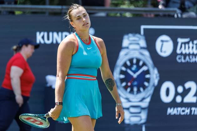 21 06 2025 Tennis WTA Tour Berlin, Singles, Women, Semifinals, Marketa Vondrousova CZE Samsonova Russia , Steffi Graf Stadium Aryna Sabalenka is annoyed about losing the ball Tennis WTA Tour Berlin