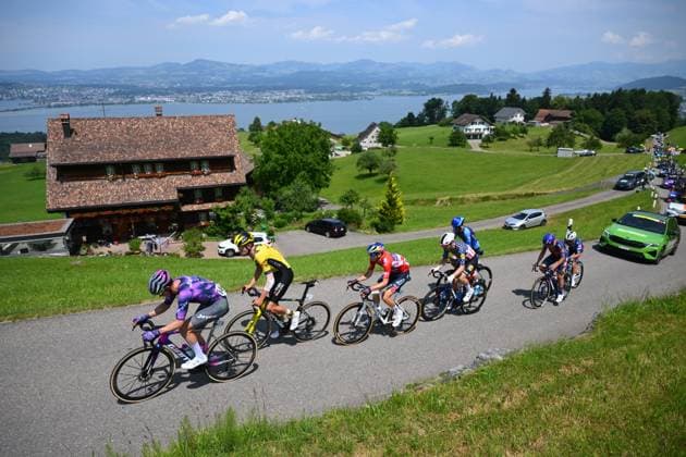 Tour de Suisse 2025 Stage 7 EMMETTEN, SWITZERLAND - JUNE 21 : Engelhardt Felix (GER) of Team Jayco AlUla, Benoot Tiesj (BEL) of Team Visma - Lease a Bike, Vlasov Aleksandr (RUS) of Red Bull - BORA - Hansgrohe, Simmons Quinn (USA) of Lidl - Trek in the escape pack during stage 7 of the 88th edition of Tour de Suisse an UCI World Tour 2.UWT cycling road race stage for Men Elite of 207.3 km with start in Neuhausen am Rheinfall and finish in Emmetten on June 21, 2025 in Emmetten, Switzerland, 21 06 2025 ( Motordriver Kenny Verfaillie - Emmetten Switzerland  Copyright: xVincentxKalutx
