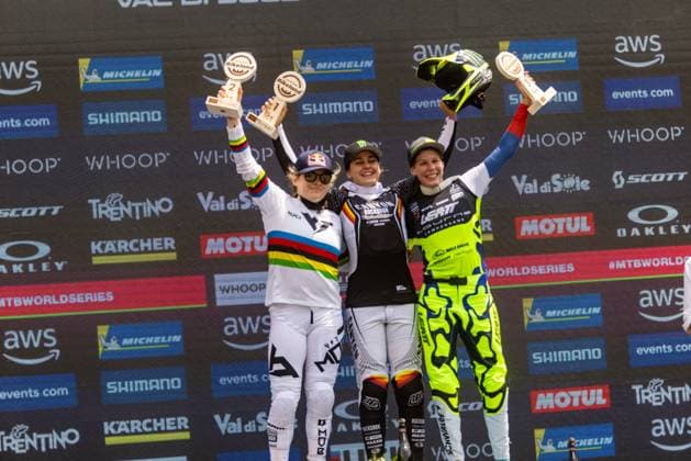 Whoop Mountainbike Downhill Worldcup Val di Sole Podium Womanat Whoop Mountainbike Downhill Worldcup Val di Sole, 21 06 2025,in , photo Sebastian Sternemann