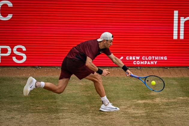 21st June 2025; HSBC Championships, Queens Club, West Kensington, London, England: HSBC Mens Championships Queens Club, Day 6; Jack Draper (GBR) hits a forehand in his semi final match against Jiri Lehecka (CZE)  ActionPlus12803519 GodfreyxPitt
