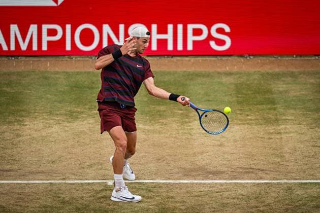 21st June 2025; HSBC Championships, Queens Club, West Kensington, London, England: HSBC Mens Championships Queens Club, Day 6; Jack Draper (GBR) hits a forehand in his semi final match against Jiri Lehecka (CZE)  ActionPlus12803523 GodfreyxPitt