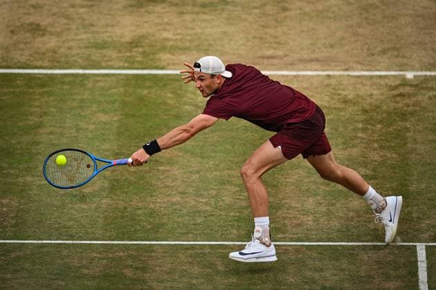 21st June 2025; HSBC Championships, Queens Club, West Kensington, London, England: HSBC Mens Championships Queens Club, Day 6; Jack Draper (GBR) stretches for a backhand in his semi final match against Jiri Lehecka (CZE)  ActionPlus12803524 GodfreyxPitt