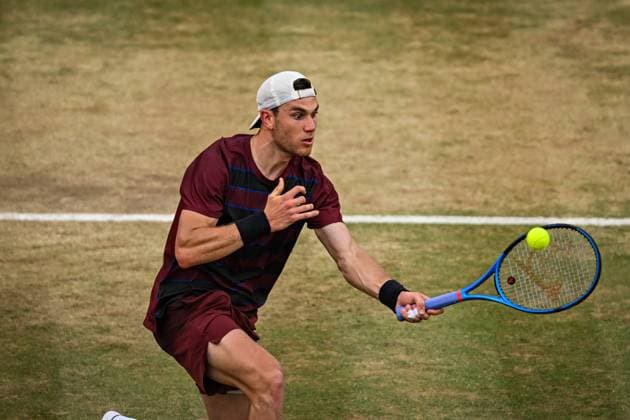 21st June 2025; HSBC Championships, Queens Club, West Kensington, London, England: HSBC Mens Championships Queens Club, Day 6; Jack Draper (GBR) hits a volley in his semi final match against Jiri Lehecka (CZE)  ActionPlus12803526 GodfreyxPitt