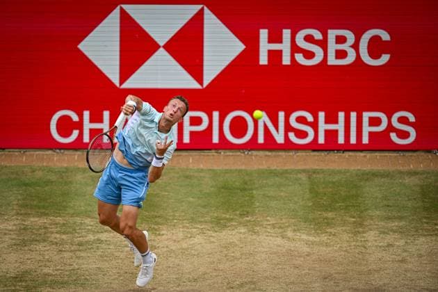 21st June 2025; HSBC Championships, Queens Club, West Kensington, London, England: HSBC Mens Championships Queens Club, Day 6; Jiri Lehecka (CZE) serves in his semi final match against Jack Draper (GBR)  ActionPlus12803529 GodfreyxPitt