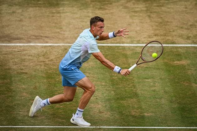 21st June 2025; HSBC Championships, Queens Club, West Kensington, London, England: HSBC Mens Championships Queens Club, Day 6; Jiri Lehecka (CZE) hits a volley in his semi final match against Jack Draper (GBR)  ActionPlus12803530 GodfreyxPitt