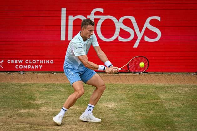 21st June 2025; HSBC Championships, Queens Club, West Kensington, London, England: HSBC Mens Championships Queens Club, Day 6; Jiri Lehecka (CZE) hits a backhand in his semi final match against Jack Draper (GBR)  ActionPlus12803531 GodfreyxPitt