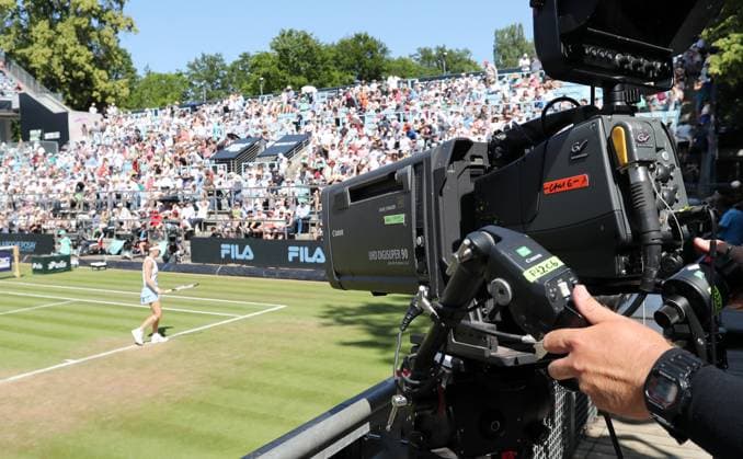 TV camera TV camera TV Lyudmila Samsonova RUS vs Wang Xinyu CHN at Steffi Graf Stadium Sport Semifinal HYLO Berlin Tennis Open Women on grass 21 06 2025