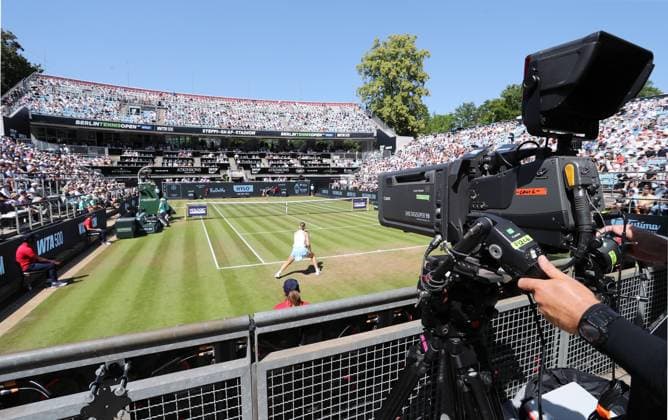 TV camera TV camera TV Lyudmila Samsonova RUS vs Wang Xinyu CHN at Steffi Graf Stadium Sport Semifinal HYLO Berlin Tennis Open Women on grass 21 06 2025