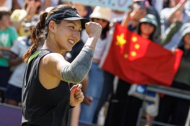 21 06 2025 Tennis WTA Tour Berlin, Singles, Women, Semifinals, Xinyu Wang CHN Ludmilla Samsonova Russia , Steffi Graf Stadium Xinyu Wang celebrates victory Tennis WTA Tour Berlin