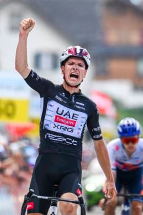Tour de Suisse 2025 Stage 7 EMMETTEN, SWITZERLAND - JUNE 21 : Almeida Joao (POR) of UAE Team Emirates - XRG celebrating his victory during stage 7 of the 88th edition of Tour de Suisse an UCI World Tour 2.UWT cycling road race stage for Men Elite of 207.3 km with start in Neuhausen am Rheinfall and finish in Emmetten on June 21, 2025 in Emmetten, Switzerland, 21 06 2025 ( Motordriver Kenny Verfaillie - Emmetten Switzerland  Copyright: xVincentxKalutx