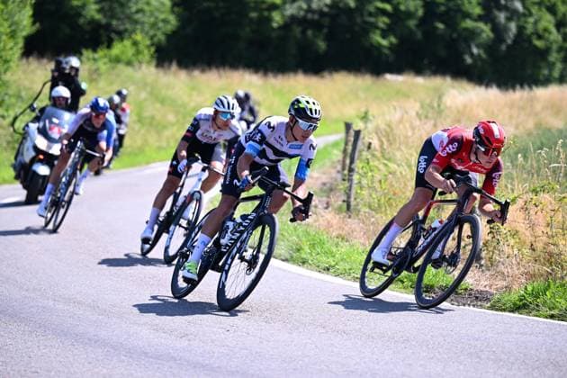 Baloise Belgium Tour 2025 Stage 4 DURBUY, BELGIUM - JUNE 21 : Aular Orluis (VEN) of Movistar Team, Berckmoes Jenno (BEL) of Lotto Cycling Team, Baroncini Filippo (ITA) of UAE Team Emirates - XRG in the escape pack during stage 4 of the 94th edition of Baloise Tour of Belgium an UCI ProSeries 2.Pro cycling road race stage for Men Elite of 173.4 km with start in Durbuy and finish in Durbuy on June 21, 2025 in Durbuy, Belgium, 21 06 2025 ( Motordriver Guy De Vuyst - Durbuy Belgium  Copyright: xTomasxSiskx