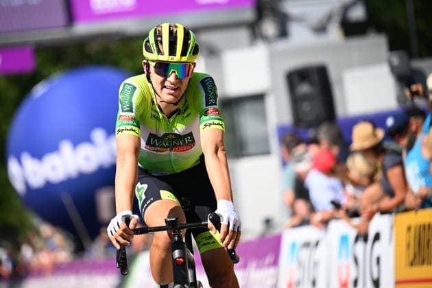 Baloise Belgium Tour 2025 Stage 4 DURBUY, BELGIUM - JUNE 21 : Bezza Quentin (FRA) of Wagner Bazin WB at the finish line during stage 4 of the 94th edition of Baloise Tour of Belgium an UCI ProSeries 2.Pro cycling road race stage for Men Elite of 173.4 km with start in Durbuy and finish in Durbuy on June 21, 2025 in Durbuy, Belgium, 21 06 2025 ( Motordriver Guy De Vuyst - Durbuy Belgium  Copyright: xTomasxSiskx