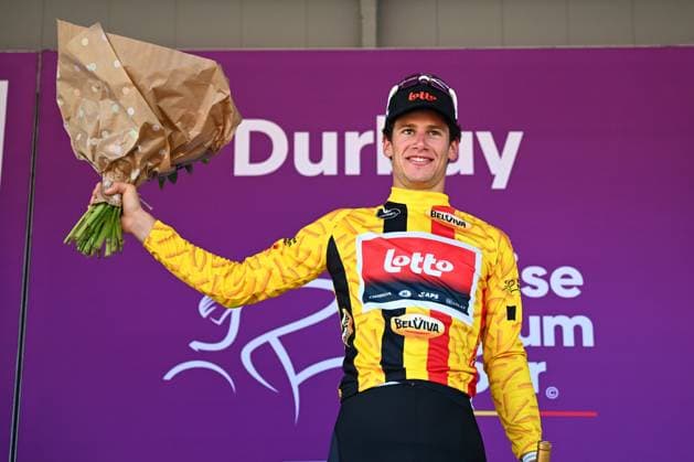 Baloise Belgium Tour 2025 Stage 4 DURBUY, BELGIUM - JUNE 21 : Segaert Alec (BEL) of Lotto Cycling Team on the podium during stage 4 of the 94th edition of Baloise Tour of Belgium an UCI ProSeries 2.Pro cycling road race stage for Men Elite of 173.4 km with start in Durbuy and finish in Durbuy on June 21, 2025 in Durbuy, Belgium, 21 06 2025 ( Motordriver Guy De Vuyst - Durbuy Belgium  Copyright: xTomasxSiskx