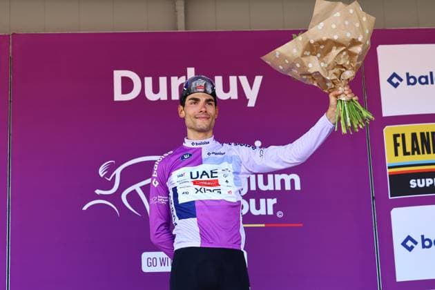 Colombian Juan Sebastian Molano of UAE Team Emirates celebrates on the podium after stage 4 of the Baloise Belgium Tour cycling race, from and to Durbuy (173,4 km), Saturday 21 June 2025. The Baloise Belgium Tour takes place from 18 to 22 June. DAVIDxPINTENS  x127518139x