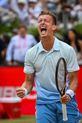 21st June 2025; HSBC Championships, Queens Club, West Kensington, London, England: HSBC Mens Championships Queens Club, Day 6; Jiri Lehecka (CZE) celebrates winning the semi final match against Jack Draper (GBR)  ActionPlus12803566 GodfreyxPitt
