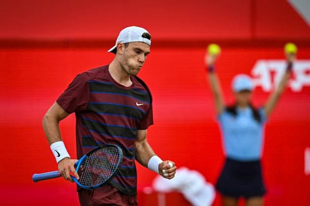21st June 2025; HSBC Championships, Queens Club, West Kensington, London, England: HSBC Mens Championships Queens Club, Day 6; Jack Draper (GBR) celebrates winning a point in his semi final match against Jiri Lehecka (CZE)  ActionPlus12803575 GodfreyxPitt