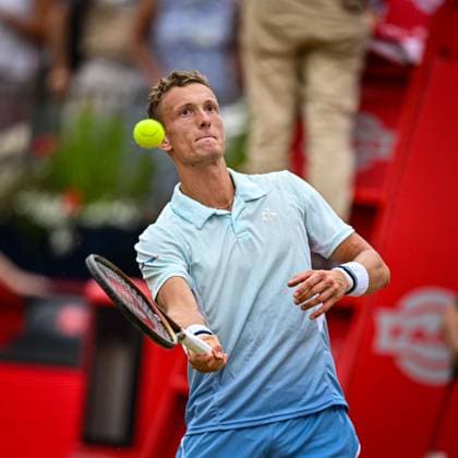 21st June 2025; HSBC Championships, Queens Club, West Kensington, London, England: HSBC Mens Championships Queens Club, Day 6; Jiri Lehecka (CZE) celebrates winning the semi final match against Jack Draper (GBR) by hitting a ball into the crowd  ActionPlus12803580 GodfreyxPitt