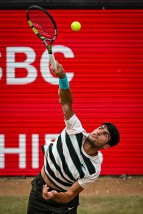21st June 2025; HSBC Championships, Queens Club, West Kensington, London, England: HSBC Mens Championships Queens Club, Day 6; Carlos Alcaraz (ESP) serves in his semi final match against Roberto Bautista Agut (ESP)  ActionPlus12803818 GodfreyxPitt