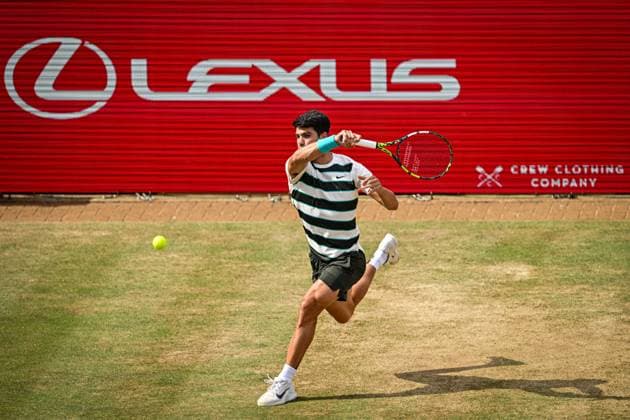 21st June 2025; HSBC Championships, Queens Club, West Kensington, London, England: HSBC Mens Championships Queens Club, Day 6; Carlos Alcaraz (ESP) hits a forehand in his semi final match against Roberto Bautista Agut (ESP)  ActionPlus12803801 GodfreyxPitt