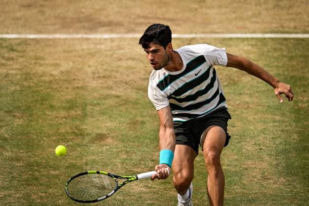 21st June 2025; HSBC Championships, Queens Club, West Kensington, London, England: HSBC Mens Championships Queens Club, Day 6; Carlos Alcaraz (ESP) hits a volley in his semi final match against Roberto Bautista Agut (ESP)  ActionPlus12803803 GodfreyxPitt