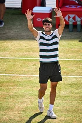 21st June 2025; HSBC Championships, Queens Club, West Kensington, London, England: HSBC Mens Championships Queens Club, Day 6; Carlos Alcaraz (ESP) celebrates winning the semi final match against Roberto Bautista Agut (ESP)  ActionPlus12803856 GodfreyxPitt