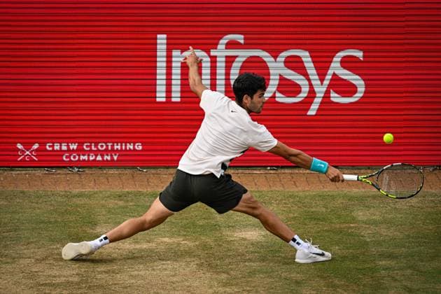 21st June 2025; HSBC Championships, Queens Club, West Kensington, London, England: HSBC Mens Championships Queens Club, Day 6; Carlos Alcaraz (ESP) hits a backhand in his semi final match against Roberto Bautista Agut (ESP)  ActionPlus12803808 GodfreyxPitt