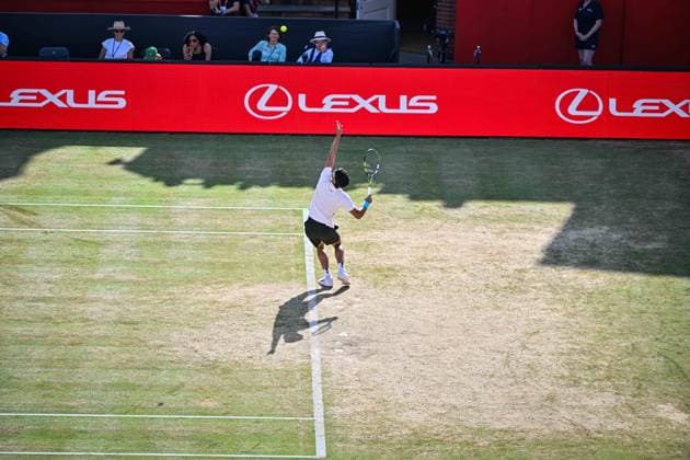 21st June 2025; HSBC Championships, Queens Club, West Kensington, London, England: HSBC Mens Championships Queens Club, Day 6; Carlos Alcaraz (ESP) serves in his semi final match against Roberto Bautista Agut (ESP)  ActionPlus12803859 GodfreyxPitt