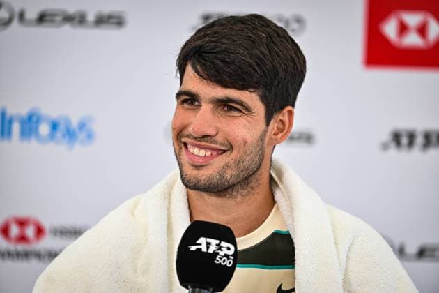 21st June 2025; HSBC Championships, Queens Club, West Kensington, London, England: HSBC Mens Championships Queens Club, Day 6; Carlos Alcaraz (ESP) answers questions from the media after defeating Roberto Bautista Agut (ESP) in the semi final  ActionPlus12803863 GodfreyxPitt
