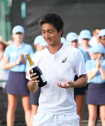21st June 2025; Lexus Nottingham Tennis Centre, Nottingham, England; Lexus Nottingham Open, Day 6; men singles runner up Shintaro Mochhizuki with his trophies  ActionPlus12803867 PaulxBonser