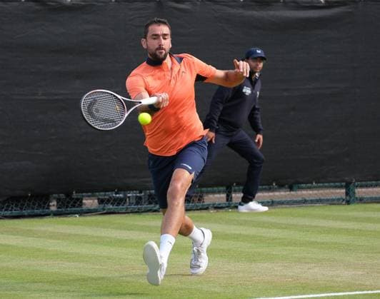 21st June 2025; Lexus Nottingham Tennis Centre, Nottingham, England; Lexus Nottingham Open, Day 6; Marin Cilic plays a baseline shot to Shintaro Mochhizuki in the mens final  ActionPlus12803873 PaulxBonser