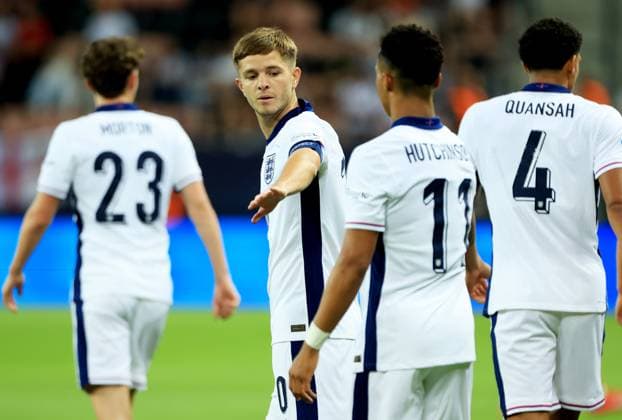 James McAtee of England celebrates scoring a goal after making the score 0-1. Spain U21, U 21 v England U21, UEFA U21 Championship, Quarter-final, Stadion Antona Malatinskeho, Slovakia - 21 Jun 2025  Copyright: xNikolaxKrstic Shutterstockx 15367881az