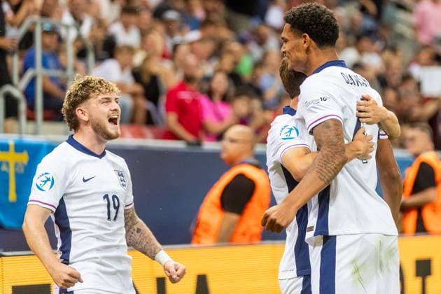 SPAIN U21, U 21 - ENGLAND U21 Harvey Elliott of England celebrates a goal with Jarell Quansah during the UEFA European Under-21 Championship 2025 Quarterfinal football match between Spain U21 and England U21. Stadium City Arena, Trnava, Slovakia, June 21, 2025. Photo by Branislav Racko Copyright: xx _BRR2737