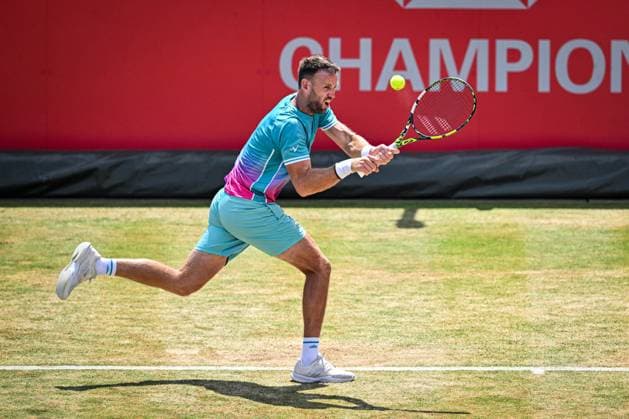 21st June 2025; HSBC Championships, Queens Club, West Kensington, London, England: HSBC Mens Championships Queens Club, Day 6; Michael Venus (NZL) hits a backhand in his semi final match with his partner Nikola Mektic (CRO) against Jacob Fearnley (GBR) and Cameron Norrie (GBR)  ActionPlus12803903 GodfreyxPitt