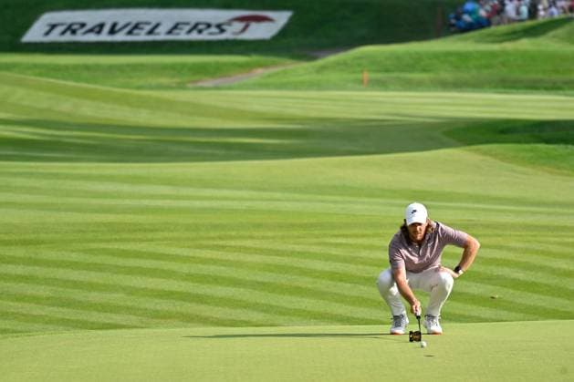 June 21, 2025: Tommy Fleetwood of Southport, England, studies his putt on the 15th green during the third round of the PGA, Golf Herren Travelers Championship golf tournament held at TPC River Highlands in Cromwell CT. Cal Media Cromwell USA - ZUMAc04_ 20250621_zma_c04_016 Copyright: xEricxCanhax