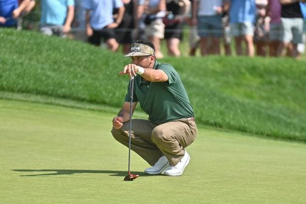 June 21, 2025: Jason Day looks over a putt on the 9th green during the third round of the Travelers Golf Championship in Cromwell, Connecticut. CSM Cromwell USA - ZUMAc04_ 20250621_zma_c04_047 Copyright: xGregoryxVasilx