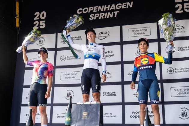 (L-R) Chiara Consonni of Italy and Team CANYON SRAM zondacrypto on third place, race winner Lorena Wiebes of Netherlands and Team SD Worx - Protime and Elisa Balsamo of Italy and Team Lidl - Trek on second place pose on the podium ceremony after the 1st Copenhagen Sprint 2025 - Women s Elite a 151,3 km one day race from Roskilde to Copenhagen. Copenhagen Denmark Copyright: xKristianxTuxenxLadegaardxBergx 21_06_2025_KTLB_Copenhagen_Sprint_2025_14