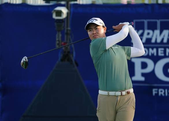 Golf: Women s PGA, Golf Herren Championship Yuka Saso of Japan hits off the first tee during the third round of the Women s PGA Championship golf tournament at Fields Ranch East in Frisco, Texas, on June 21, 2025.  A14AA0004672662P