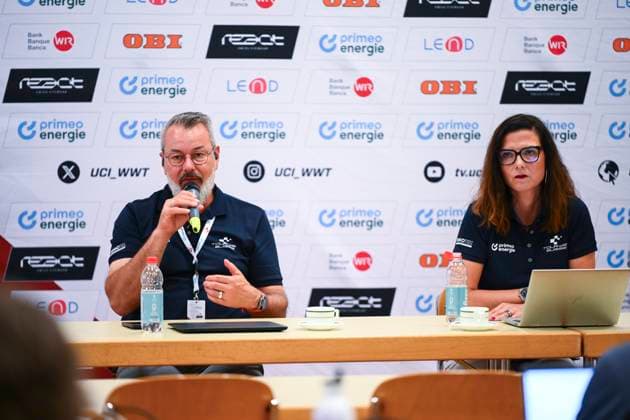 Tour de Suisse 2025 Stage 8 EMMETTEN STOCKHUTTE, SWITZERLAND - JUNE 22 : Buchs Gabriella, CEO of Tour de Suisse, Senn Olivier, Event Director and Loosli David, Sports Director during a press conference, PK, Pressekonferenz during stage 8 of the 88th edition of Tour de Suisse an UCI World Tour 2.UWT Individual Time Trial stage for Men Elite of 10.1 km with start in Beckenried and finish in Emmetten Stockhutte on June 22, 2025 in Emmetten Stockhutte, Switzerland, 22 06 2025 ( Motordriver Kenny Verfaillie - Emmetten Stockhutte Switzerland Copyright: xVincentxKalutx