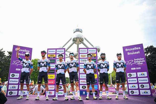 Baloise Belgium Tour 2025 Stage 5 BRUSSEL, BELGIUM - JUNE 22 : Movistar Team on stage before the start of the race during stage 5 of the 94th edition of Baloise Tour of Belgium an UCI ProSeries 2.Pro cycling road race stage for Men Elite of 183.2 km with start in Brussel and finish in Brussel on June 22, 2025 in Brussel, Belgium, 22 06 2025 ( Motordriver Guy De Vuyst - Brussel Belgium  Copyright: xTomasxSiskx