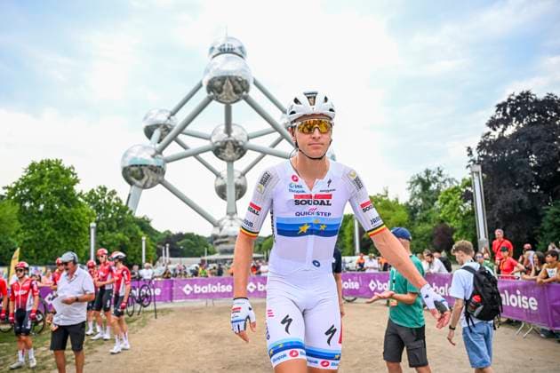 Baloise Belgium Tour 2025 Stage 5 BRUSSEL, BELGIUM - JUNE 22 : Merlier Tim (BEL) of Soudal - Quick Step before the start of the race during stage 5 of the 94th edition of Baloise Tour of Belgium an UCI ProSeries 2.Pro cycling road race stage for Men Elite of 183.2 km with start in Brussel and finish in Brussel on June 22, 2025 in Brussel, Belgium, 22 06 2025 ( Motordriver Guy De Vuyst - Brussel Belgium  Copyright: xTomasxSiskx