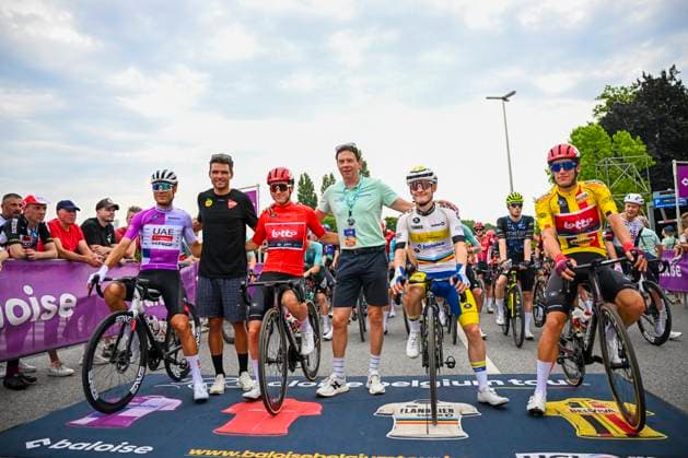 Baloise Belgium Tour 2025 Stage 5 BRUSSEL, BELGIUM - JUNE 22 : Baroncini Filippo (ITA) of UAE Team Emirates - XRG, Van Avermaet Greg (BEL) former rider, Berckmoes Jenno (BEL) of Lotto Cycling Team, Vandenstorme Dylan (BEL) of Team Flanders - Baloise, Segaert Alec (BEL) of Lotto Cycling Team at the start line during stage 5 of the 94th edition of Baloise Tour of Belgium an UCI ProSeries 2.Pro cycling road race stage for Men Elite of 183.2 km with start in Brussel and finish in Brussel on June 22, 2025 in Brussel, Belgium, 22 06 2025 ( Motordriver Guy De Vuyst - Brussel Belgium  Copyright: xTomasxSiskx