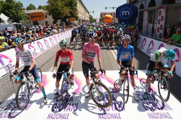 Omrzel Jakob of Bahrain Victorious Development Team white jersey, Sparfel Aubin of Decathlon Ag2R La Mondiale Development Team red jersey, Tuckwell Luke of Red Bull - Bora - Hansgrohe Rookies pink jersey, Widar Jarno of Lotto Development Team blue jersey, Turconi Filippo of Vf Group Bardianicsf-Faizane tricolore jersey, during the stage 8 of the Giro Next Gen 2025, from Pinerolo (To) to Pinerolo (To), 147 km, Italy - Sunday, June 22, 2025. - cycling. Copyright: xGianxMattiaxD Alberto LaPressex
