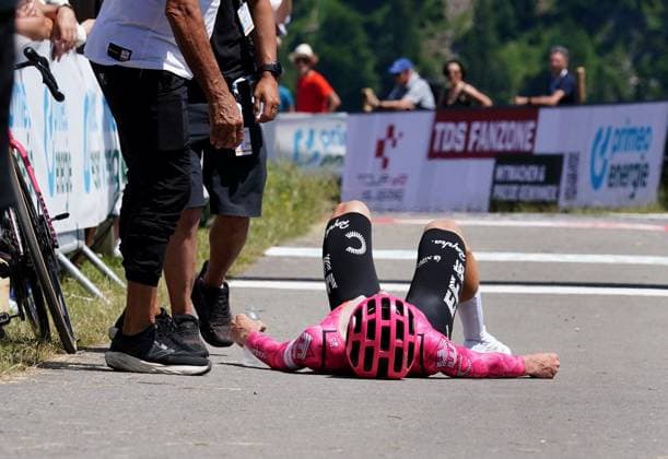 22 06 2025 Tour de Suisse 2025 Individual time trial Beckenried Stockhuette Picture Harrison William Sweeny AUS Team EF Edacation Easypost after crossing the finish line on the ground Action