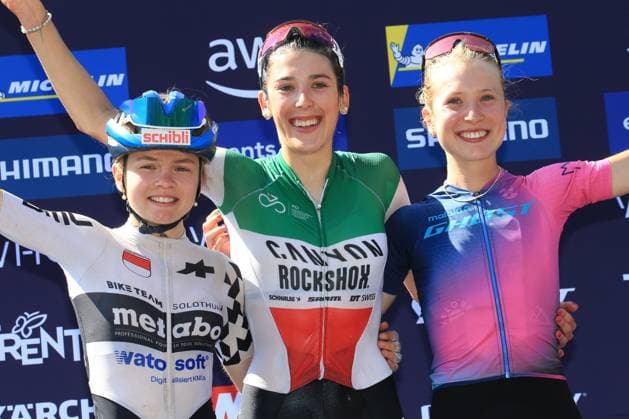 22nd June 2025, Val di Sole, Trentino, Italy; UCI Mountain Bike World Cup, Day 3; U23 Womens podium with Fiona Schibler (SUI), Valentina Corvi (ITA) and Sara CORTINOVIS (ITA)  ActionPlus12804113 PierrexTeyssot