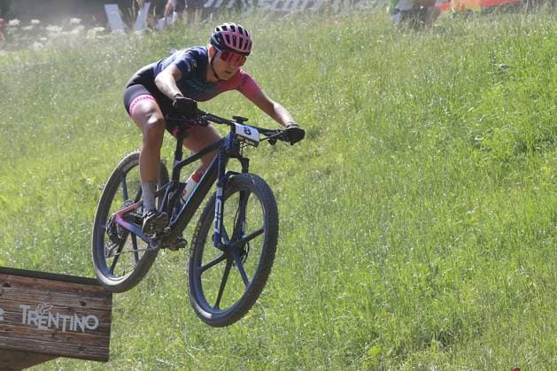 22nd June 2025, Val di Sole, Trentino, Italy; UCI Mountain Bike World Cup, Day 3; Nicole Koller (SUI) jumps the platform  ActionPlus12804114 PierrexTeyssot