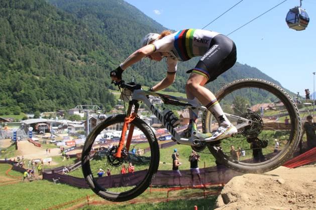 22nd June 2025, Val di Sole, Trentino, Italy; UCI Mountain Bike World Cup, Day 3; Puck Pieterse (NED) airborne in the womens u-23 competition  ActionPlus12804119 PierrexTeyssot
