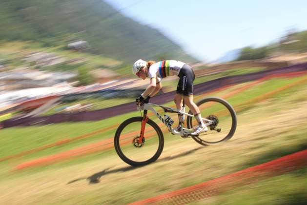 22nd June 2025, Val di Sole, Trentino, Italy; UCI Mountain Bike World Cup, Day 3; Puck Pieterse (NED) speeds down-hill in the womens u-23 competition  ActionPlus12804120 PierrexTeyssot