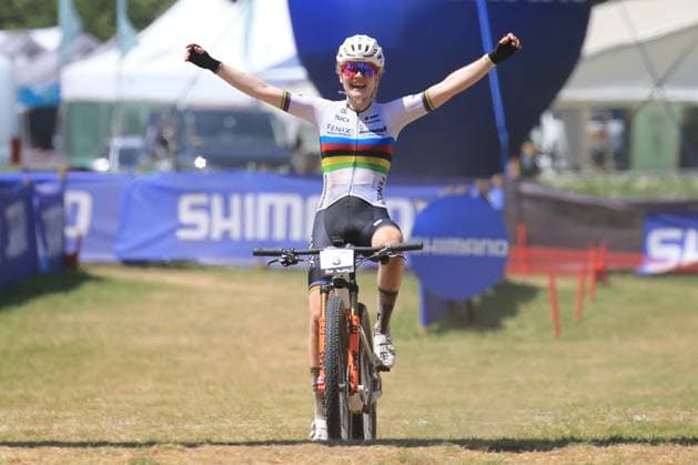 22nd June 2025, Val di Sole, Trentino, Italy; UCI Mountain Bike World Cup, Day 3; Puck Pieterse (NED) celebrates as she crosses the finish line  ActionPlus12804124 PierrexTeyssot